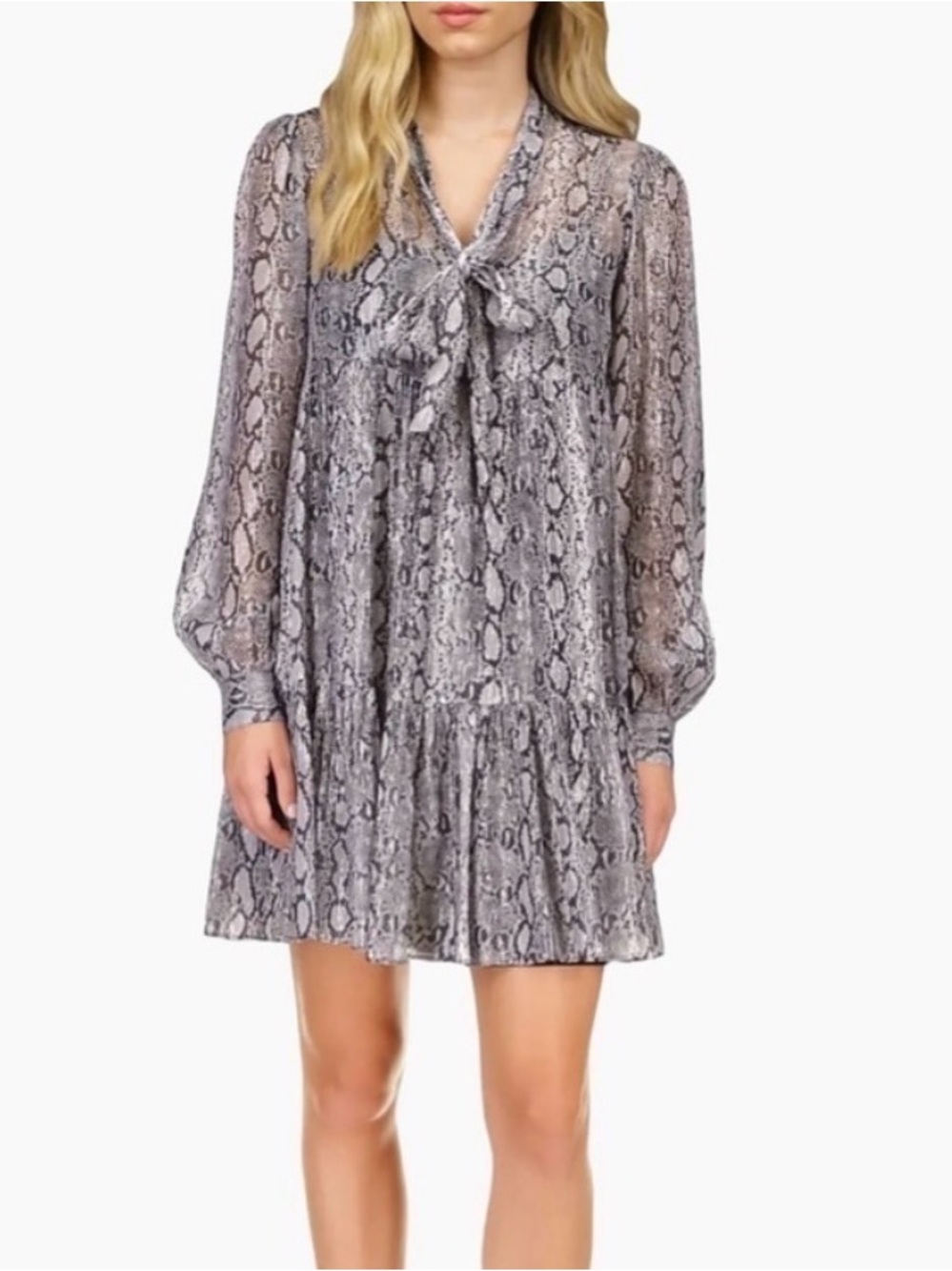 Michael Kors Metallic Snake Print Tie-Neck Mini Dress - Gray